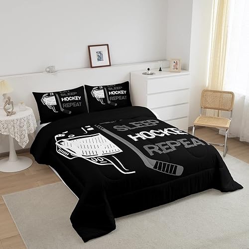 Miniatura 2 de Erosebridal Edredón de hockey tamaño individual para niños y adolescentes, ropa de cama de hockey negro y gris para comer, decoración de dormitorio,