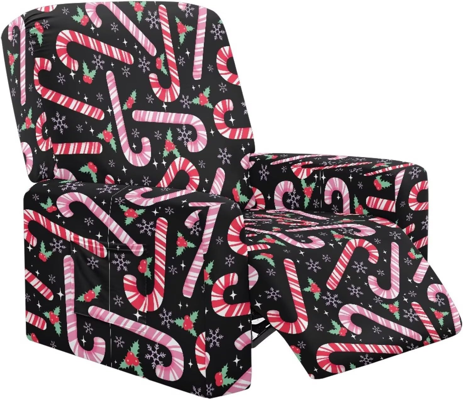 4 Piece Christmas Reclining Chair Covers Slipcover Candy Cane Wing Back Recliner Chair Slipcovers Wingback Black Cover for Living Room Sofa