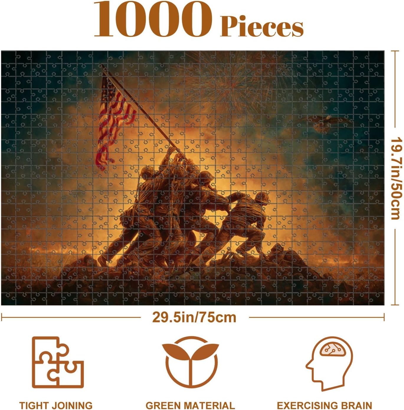 1000 Pieces Wooden Puzzle Puzzles for Adults Flag Raising Iwo Jima Fireworks American Eagle Challenging Jigsaw Puzzles for Teen Kids Educational Toys Festival Gifts 20" x 30"