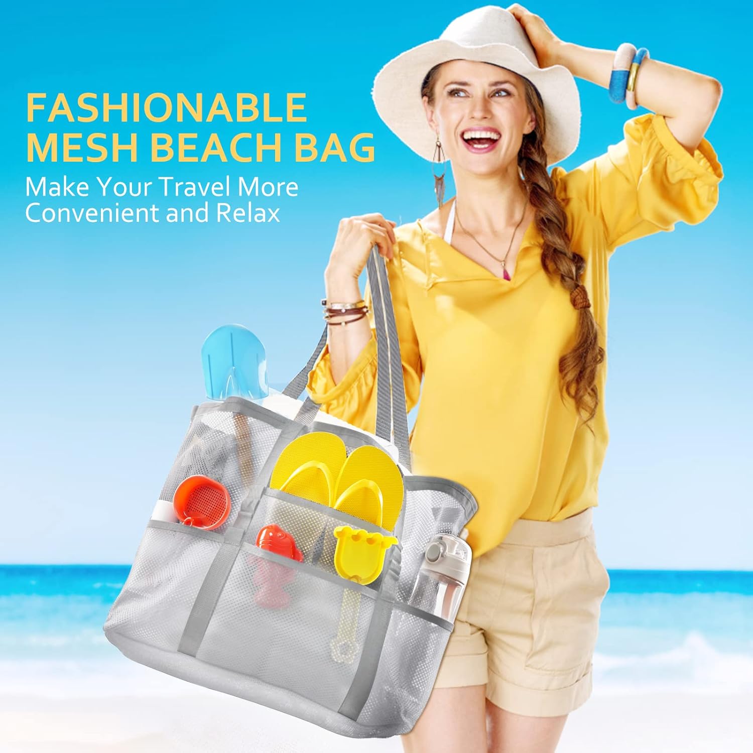 SRISE Mesh Beach Bag - Large Beach Tote Bag for Family Beach Bag for Toys & Vacation Essentials - Image 2