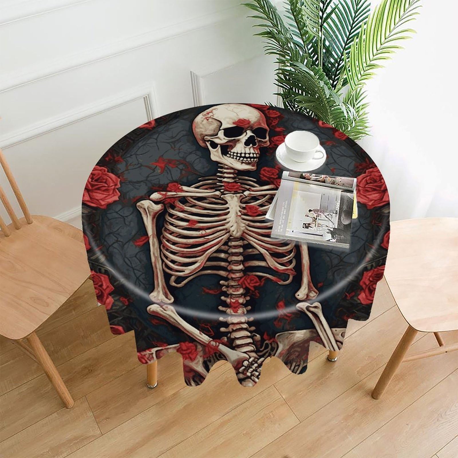 FekiLoot Skeleton with Roses Round Tablecloth Cover 60 Inch Wrinkle Free Washable Polyester Fabric Table Cover Decorative Round Table Cloth for Home Dining Kitchen Party Farmhouse