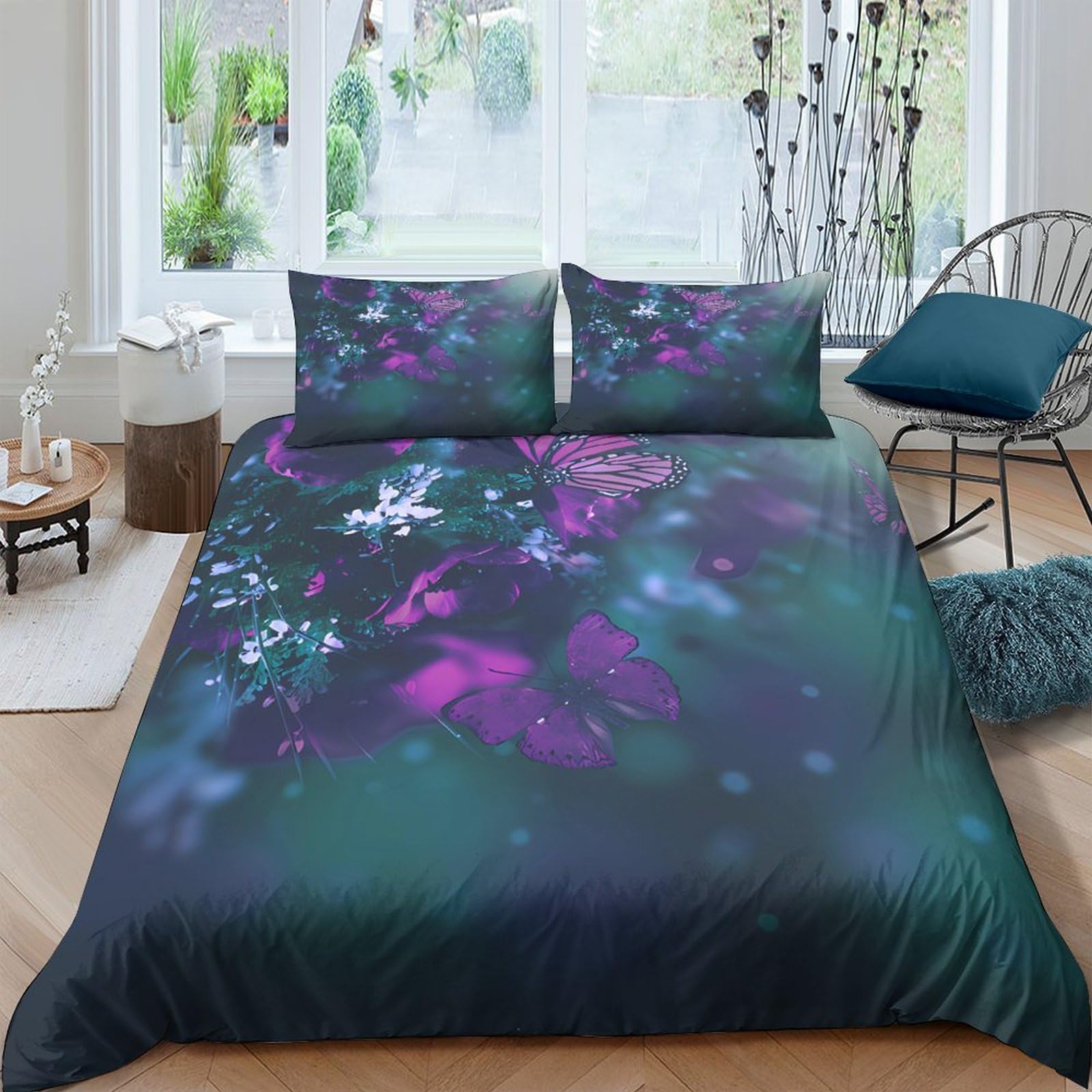 Parure de lit violet butterflies pour une chambre à coucher ambiance fantastique garden