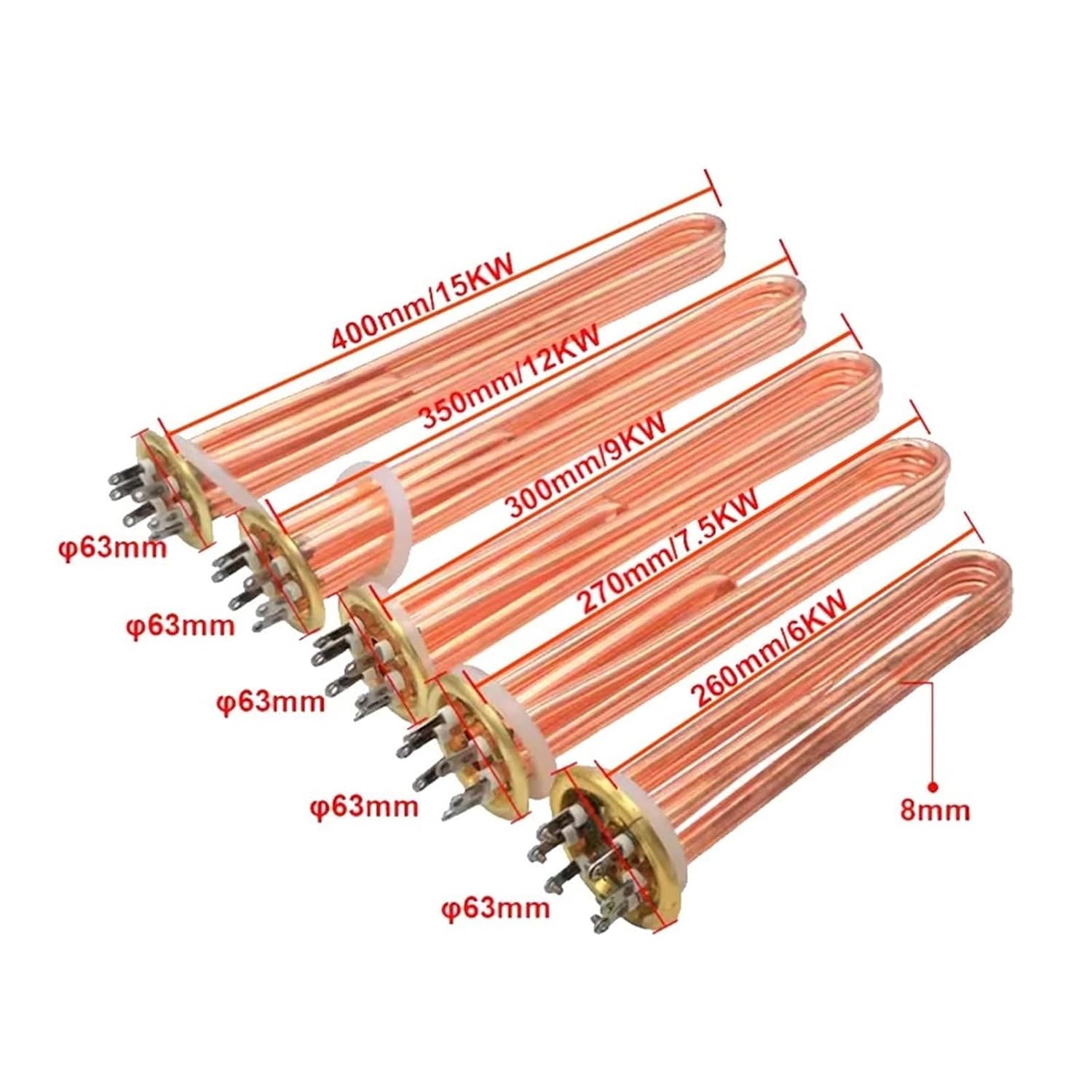 380V Electric Copper Immersion Heating Element 6KW/7.5KW/9KW/12KW/15KW Water Heater 63MM Flange 3Phase(9KW 300MM)