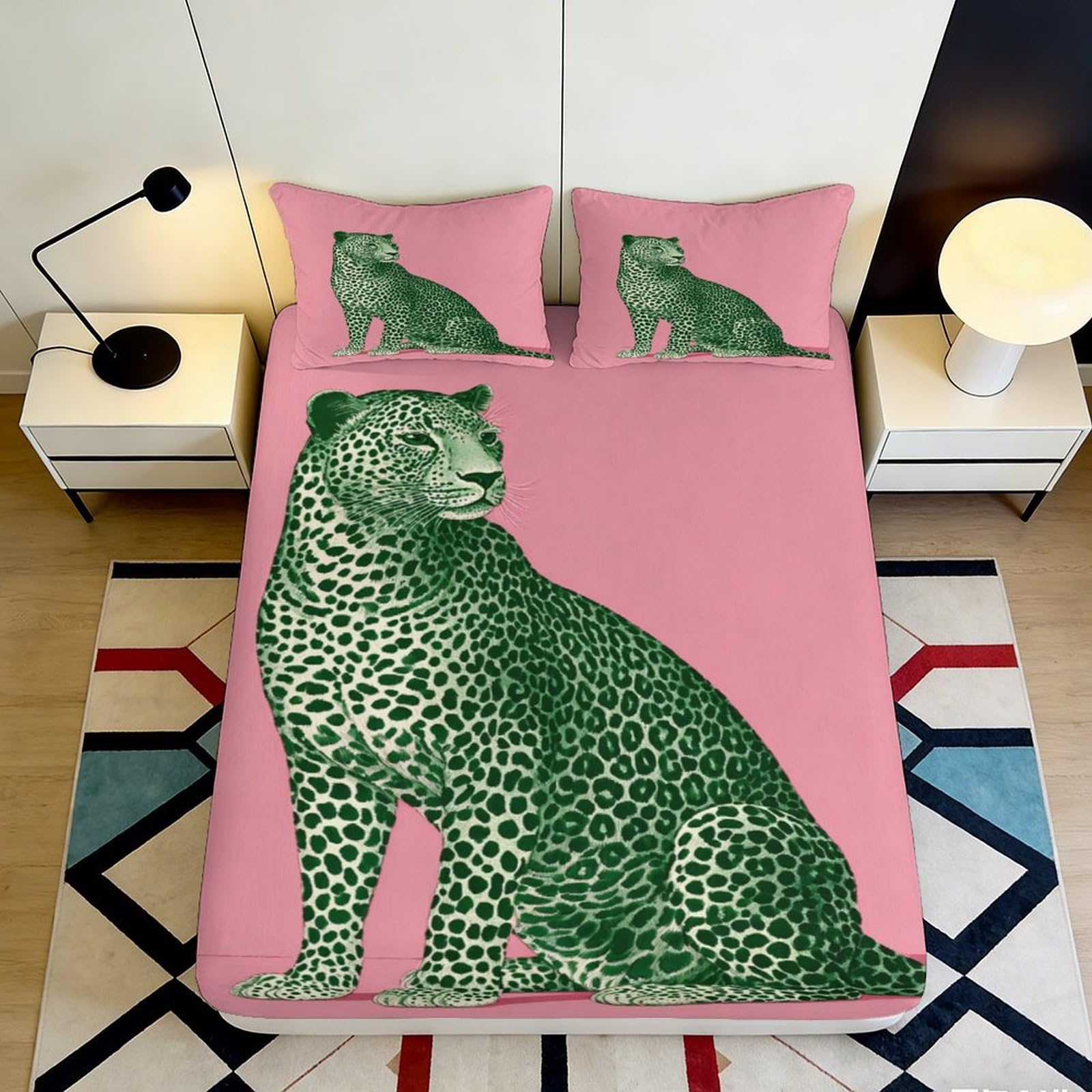 3D Printed Green Leopard Fitted Sheet Microfiber Soft Breathable Pink Panther Bed Cover for Bedroom Dormitory Guest Room Mattress Protection Decor 180x200x25cm