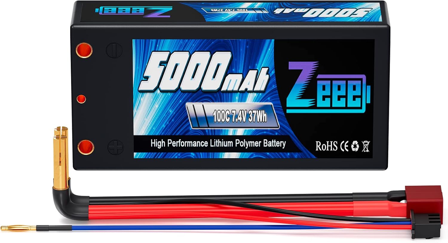 Zeee 2S Shorty Lipo Battery 5000mAh 7.4V 100C Hard Case with 4mm Bullet to T Connector for RC 1/10 Scale Vehicles Car Trucks Boats RC Models
