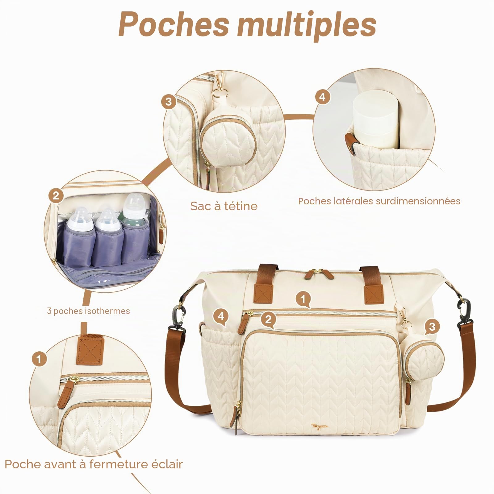 Grand sac à langer imperméable pour accouchement avec étui à tétine, matelas à langer, bandoulière - Beige