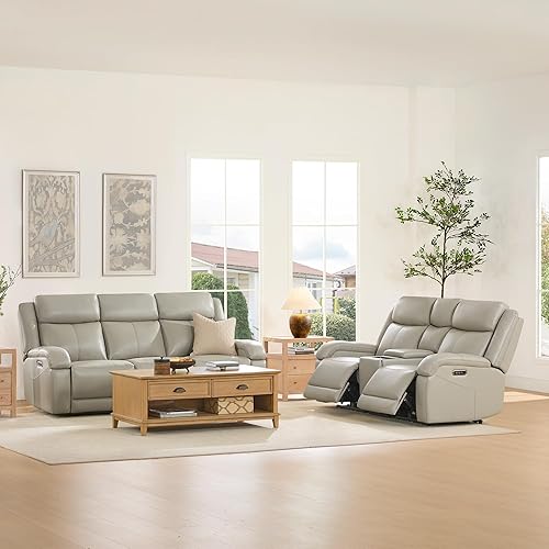 Watson & Whitely Power Reclining Sofa and Loveseat Sets, Genuine Leather Sofa Recliner Couch Set with Power Headrest, Storage Console, USB Ports, Cup Holders, Living Room Furniture Set, Grey