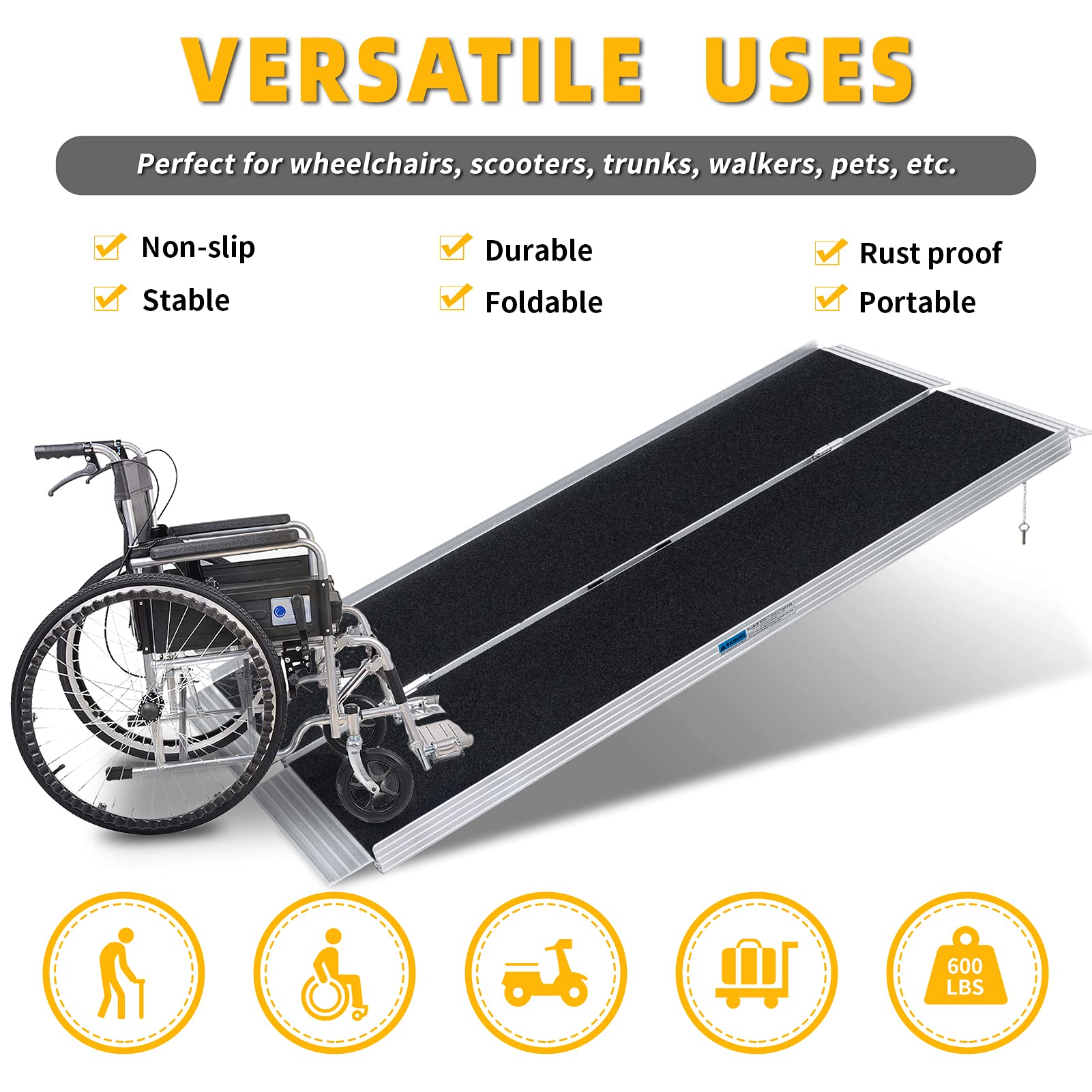 6FT Non-Skid Traction Folding Aluminum Wheelchair Ramp Scooter Mobility Handicap Ramp for Home Steps, Suitcase with Handle, Holds Up to 600lbs