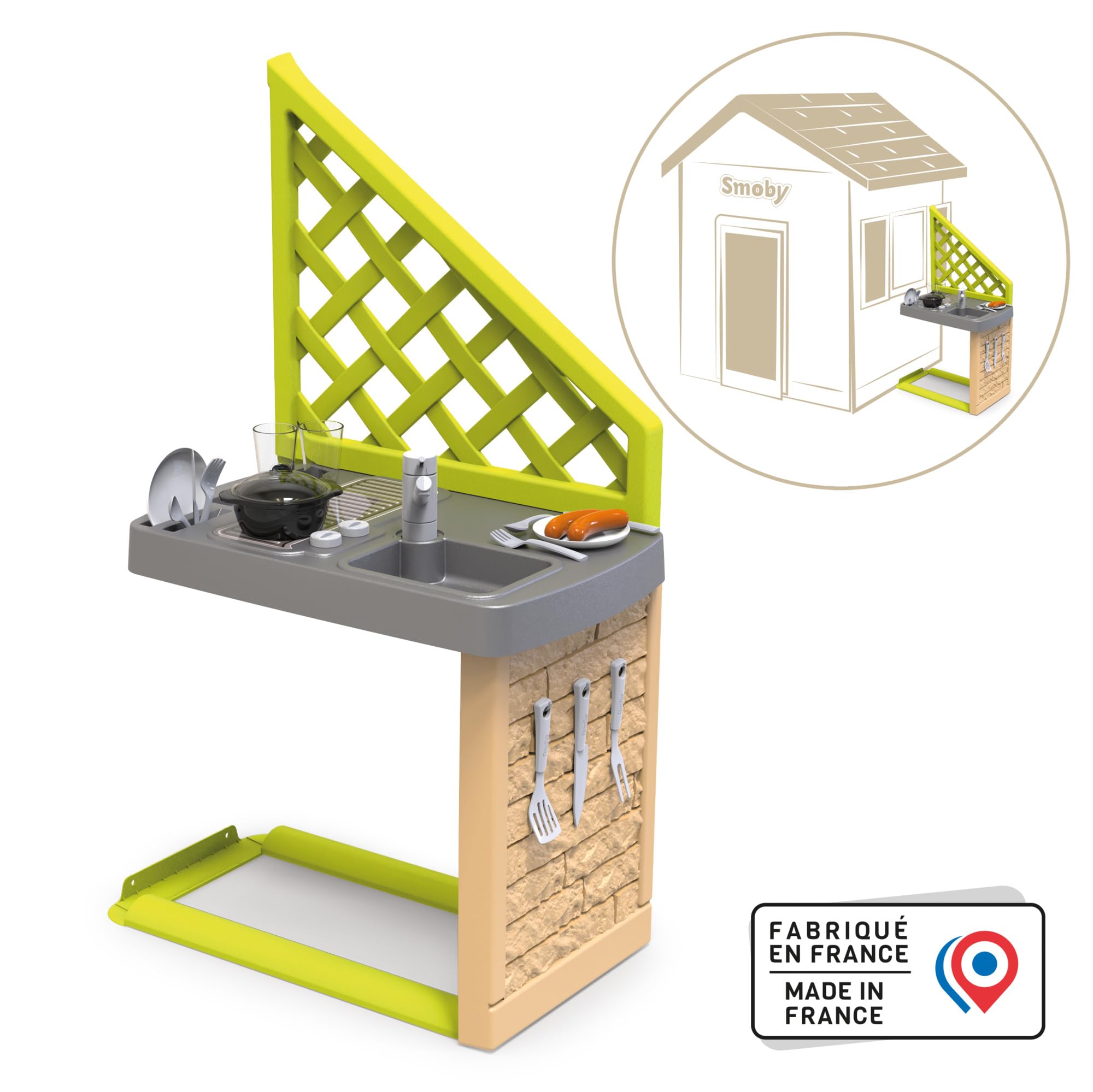 Smoby - Cucina estiva da aggiungere ad una casa Smoby - Piastra grill - Lavello con rubinetto - 17 accessori - Made in France