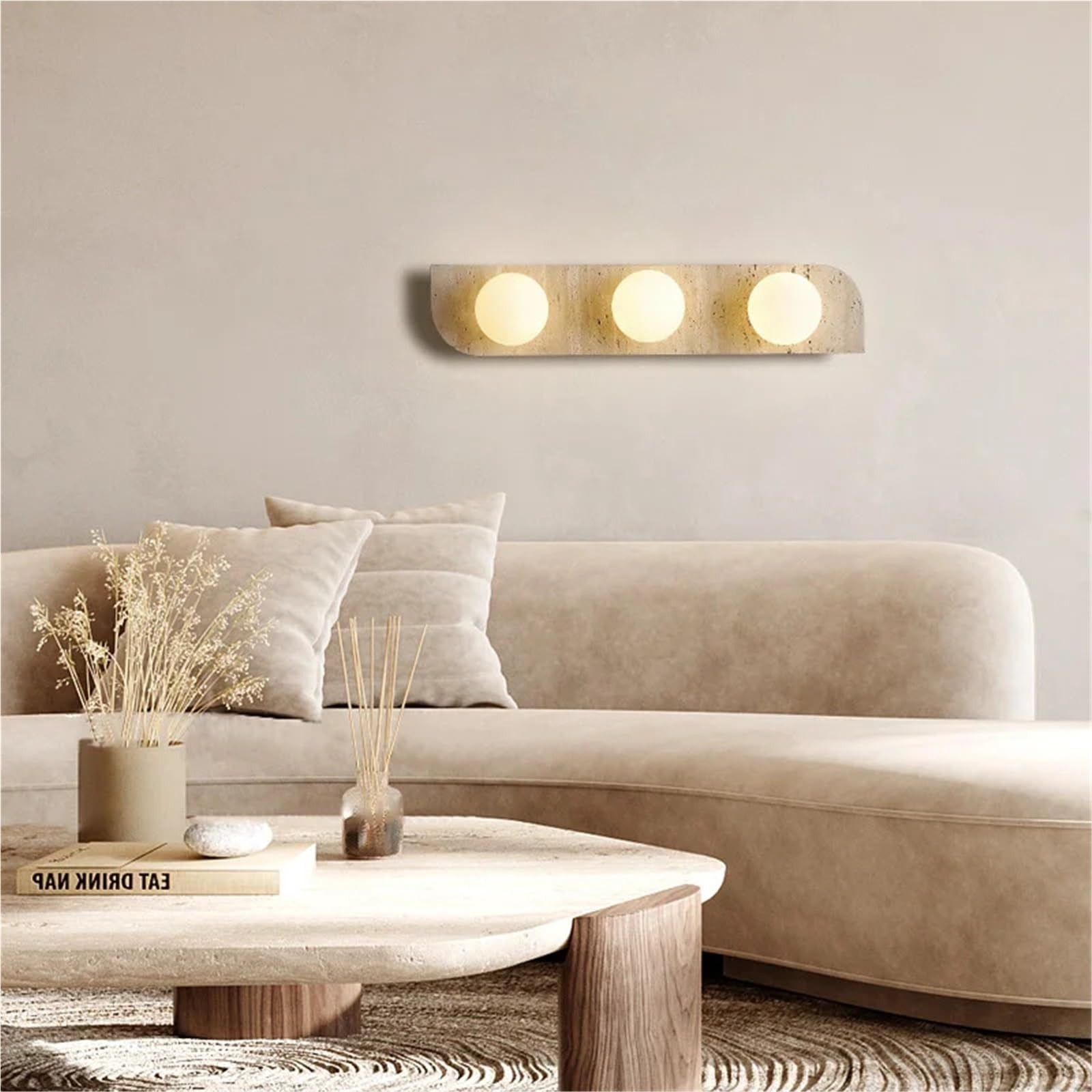 Retro kinkiet z kamienia naturalnego, żółty trawertyn LED, biały szklany klosz, nastrojowe oświetlenie korytarza (ciepła biel (2700-3500 K), dwie głowice)