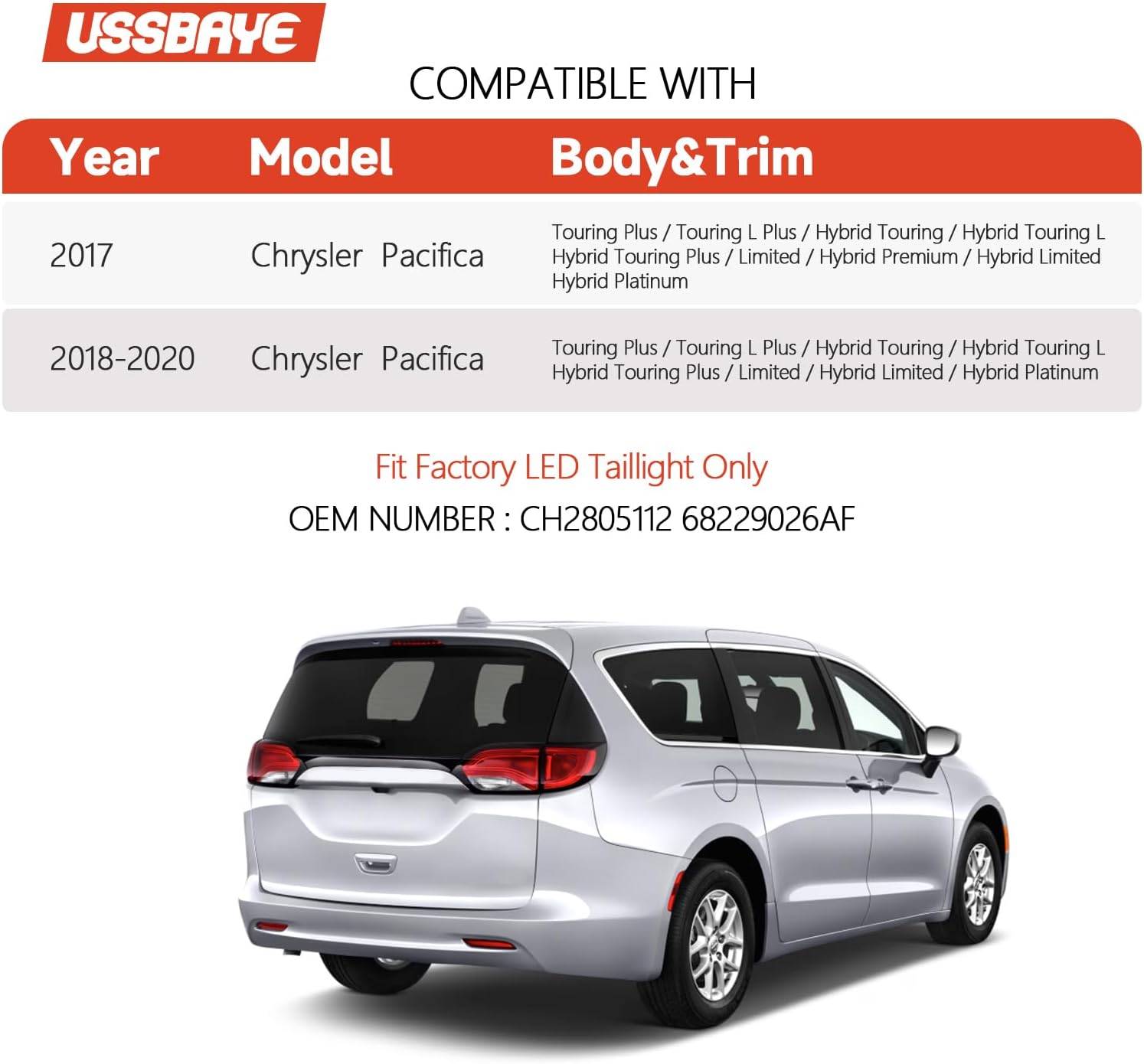 LED Tail Light Compatible with 2017 2018 2019 2020 Chrysler Pacifica Outer taillights LED Rear Lamp Assembly CH2805112 68229026AF （Right Passenger Side ）