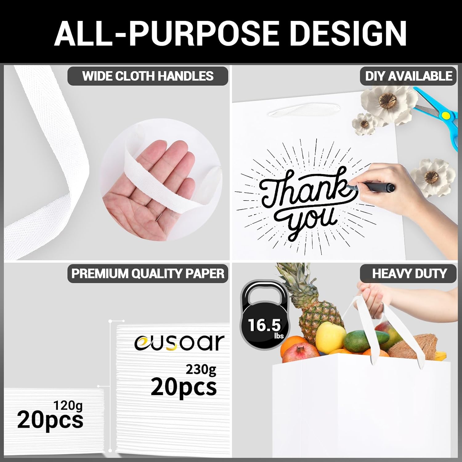 EUSOAR Kraft Bags with Handles, 10x10x10 inches Pack of 20 Paper Gift Bags, Business Packaging Handmade DIY Bag Wedding Party Favor Bag Decoration Ornaments Pouches-White - Image 3