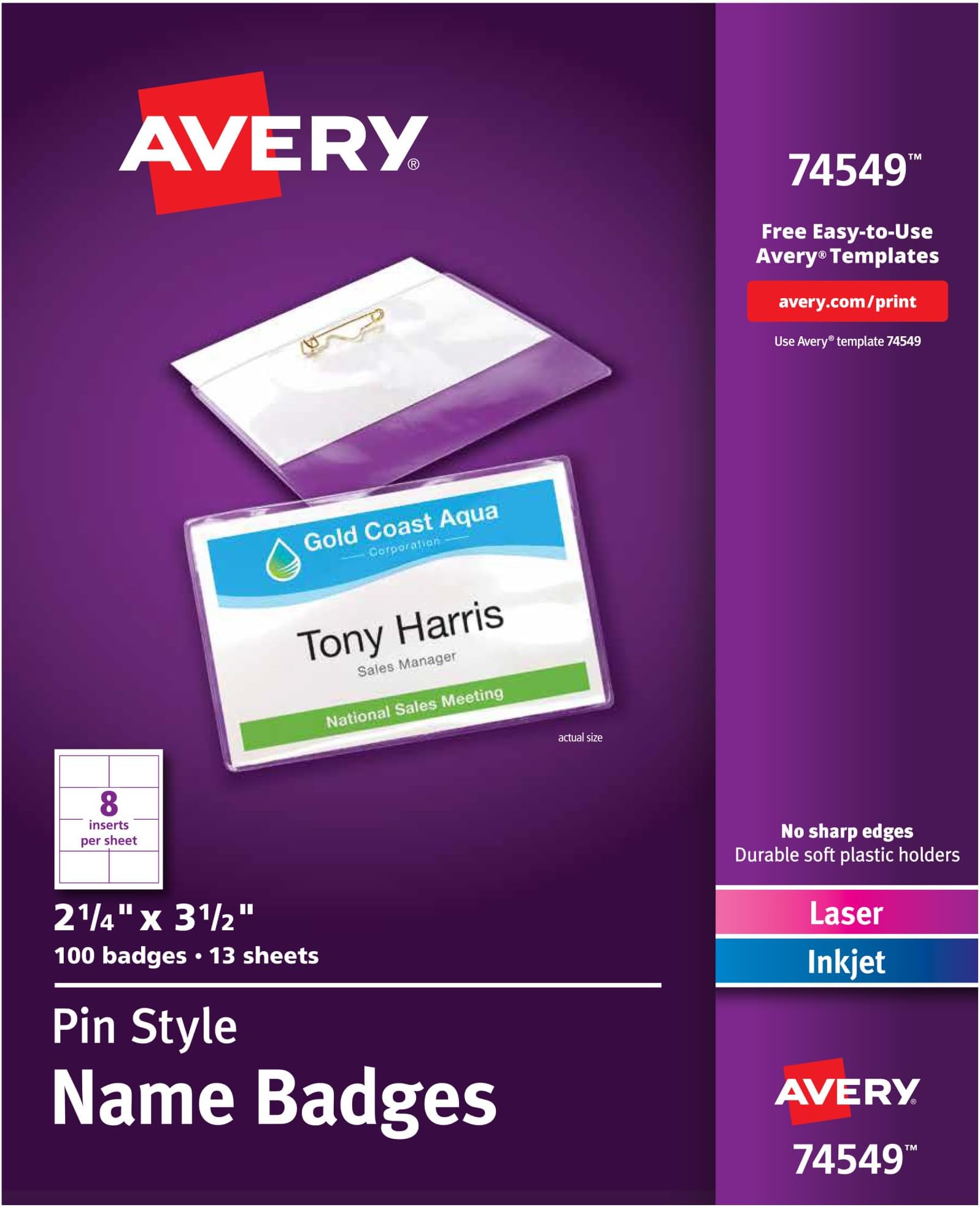 Avery Customizable Name Badges, Pin Style, 2.25" x 3.5", Clear Name Tag Holders, White Laser/Inkjet Printable Inserts, 100 Total (74549)