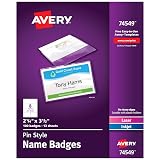 Avery® Customizable Name Badges, Pin Style, 2.25" x 3.5", Clear Name Tag Holders, White Laser/Inkjet Printable Inserts, 100 Total (74549) – view 1