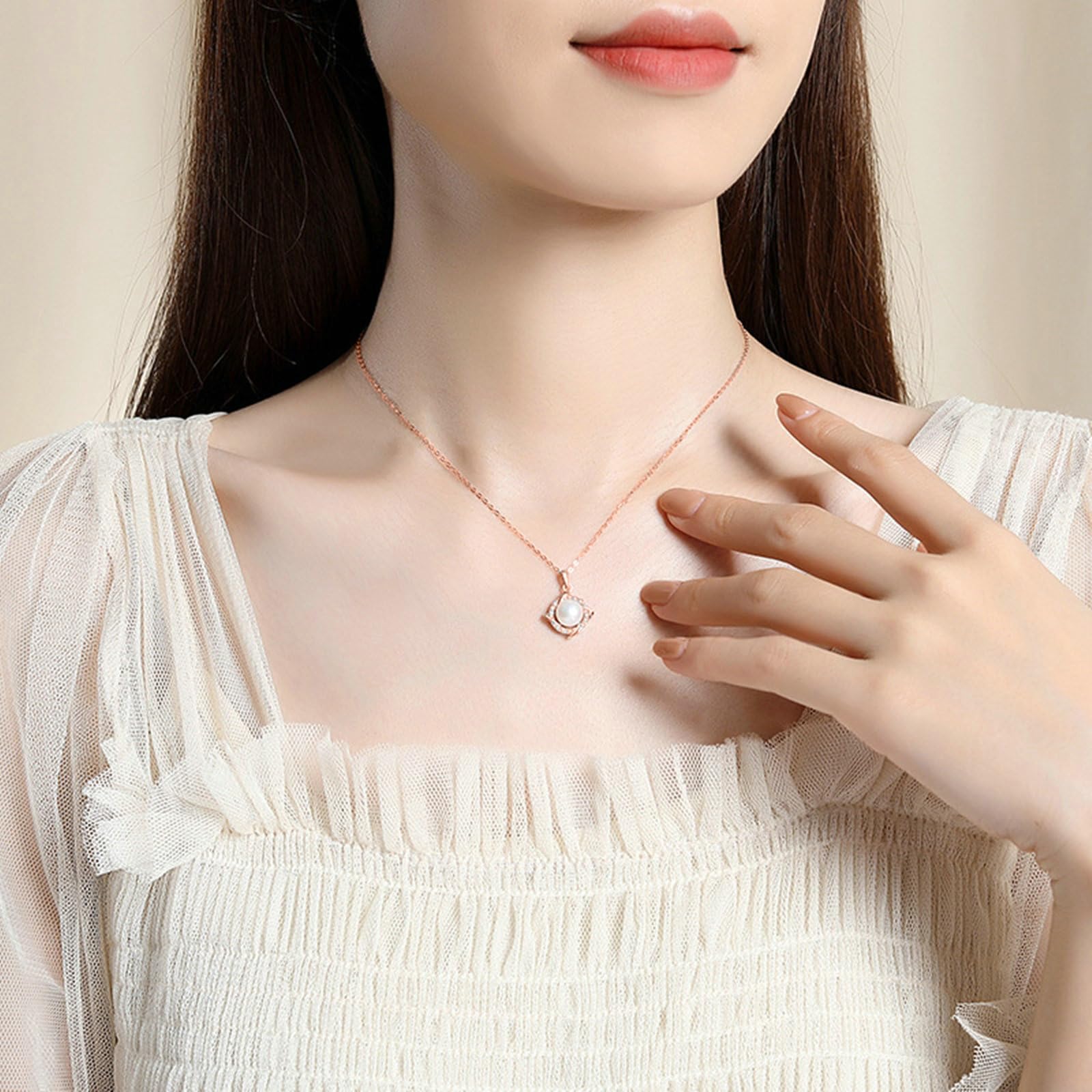 Collar de oro rosa de 9/14/18 quilates para mujer, collares con colgante minimalista, molino de viento con perlas y collares de moissanita, 40 + 5 cm