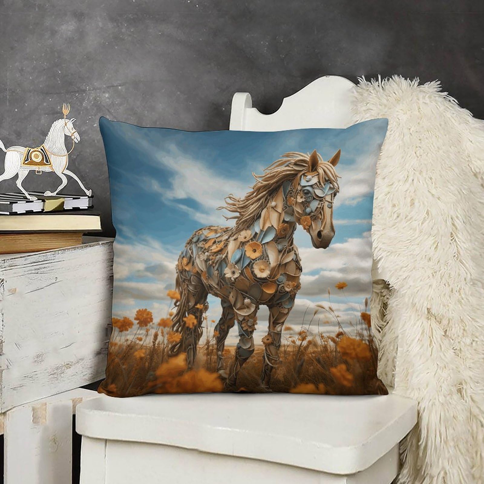 FodPand Decorative A Horse in The Field Throw Pillow Covers 20x20 Soft Plush Cozy Cushion Cases with Invisible Zipper Body Pillowcase Square Accent Pillow Shams for Couch Sofa Bedroom Living Room