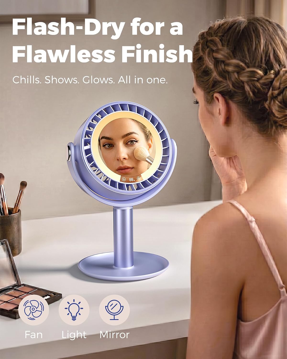 Condition photo showing As Is for 3-in-1 makeup fan with mirror & led light, cordless face fan for skincare eyelash extensions flash dry, quiet personal cooling gifts for women vanity, 5 speeds, 3 color lights, purple