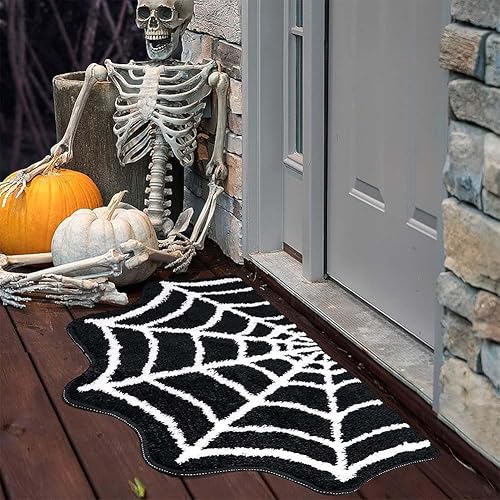 Miniatura 2 de Paquete de 2 tapetes de baño de tela de araña, 31 x 20 pulgadas, decoración de Halloween, alfombras de telaraña, tapetes antideslizantes para