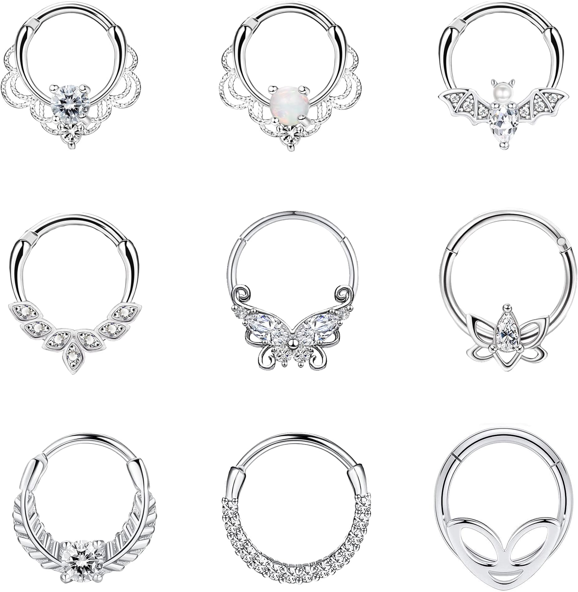 Staligue9Pcs 16G Septum Clicker Rings Stainless Steel Hoop Hinged Segment CZ Opal Nose Rings for Women Cartilage Tragus Hoop Helix Daith Earrings Nose Piercing Jewelry 8MM