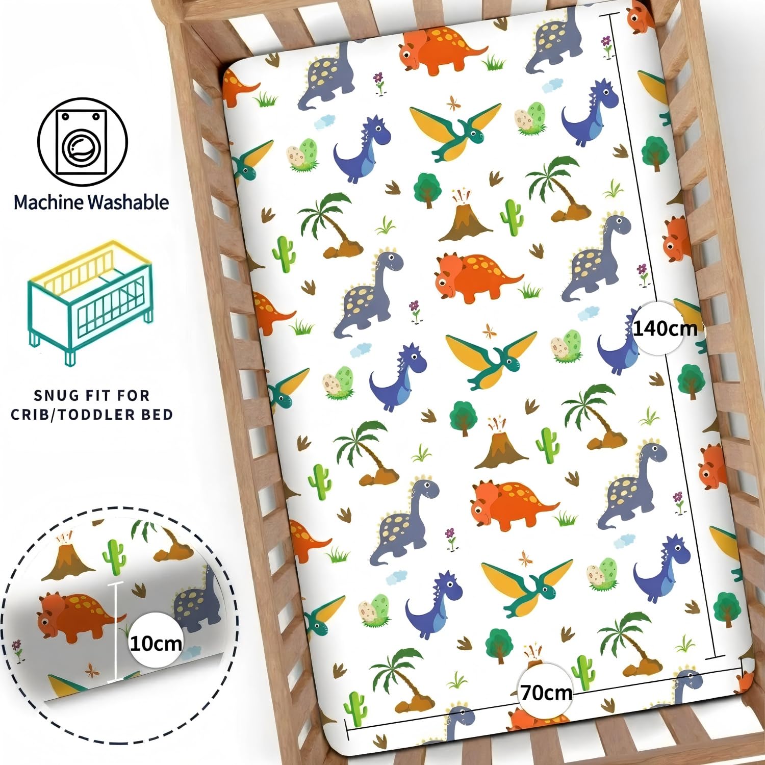 Cot Bed Sheets 140 x 70cm Fitted Baby Cot Sheets Set of 4,Breathable Soft Microfiber Fitted Baby Bed Sheets(Dinosaur) - Image 3