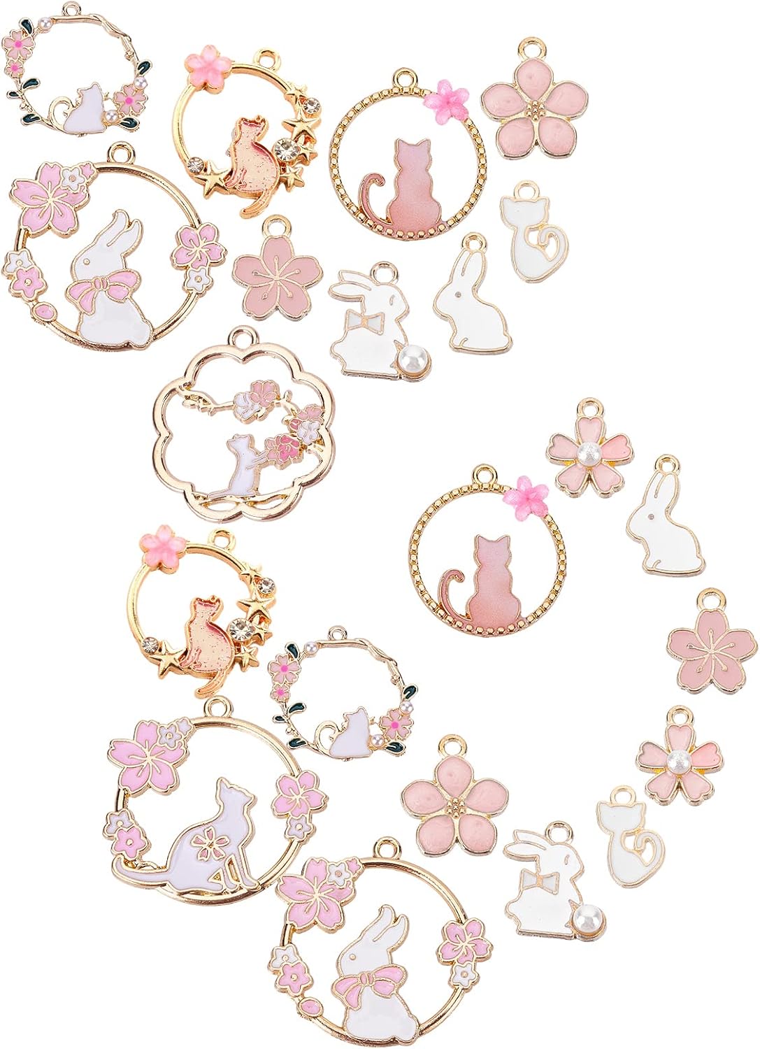 SUNNYCLUE 1 Box 48Pcs 12 Styles Pink Flower Charms Enamel Cat Easter Holiday Rabbit Animal Floral Hollow Flat Round Alloy Sakura Pendants Bulk Gold Plated for Jewelry Making Charms DIY Craft Findings