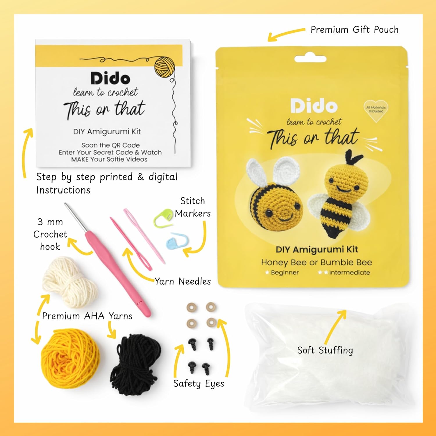Dido CraftWorks Crochet Kit for Beginners – DIY Amigurumi Kits (Bees, Yellow and Black)