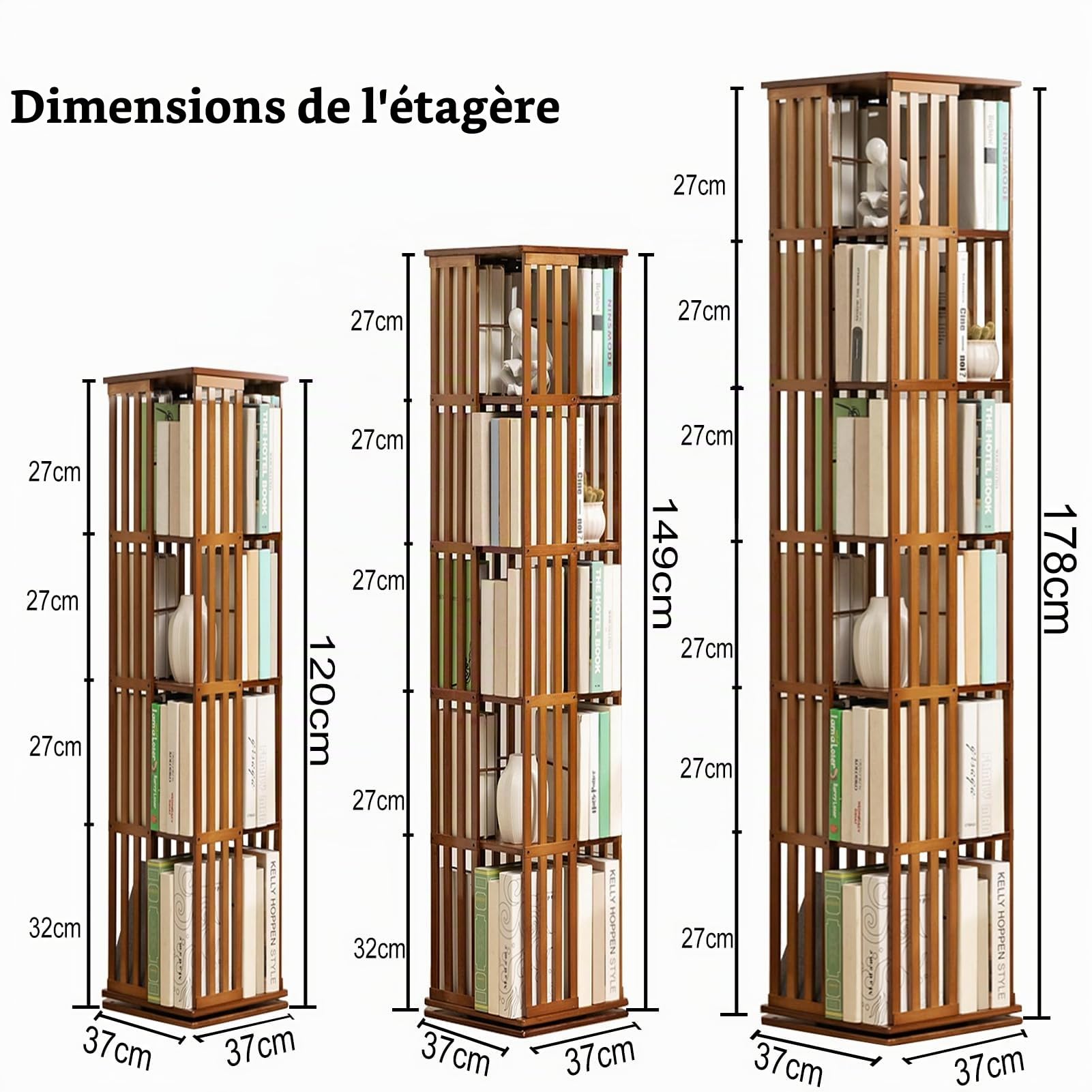 Étagère Livre Rotative en Bambou Bibliothèque Pivotante (5 étages)