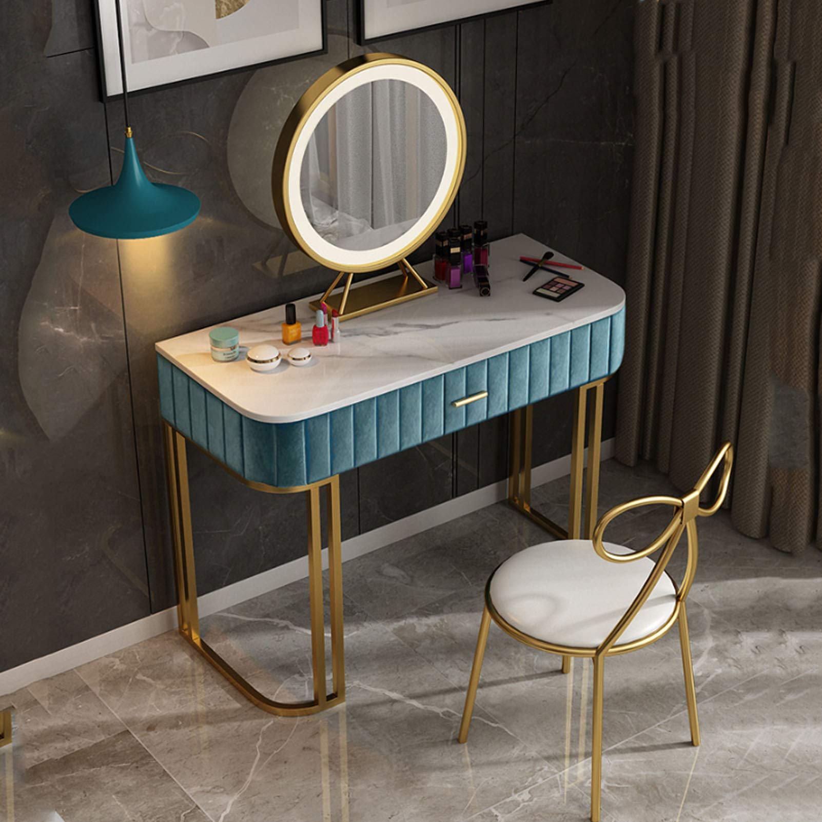 Marble Vanity Table Set,Makeup Table with Adjustable Brightness Mirror & Cushioned Stool, Bedroom Dressing Table with Silent Rail Storage Drawers Dressing Table (Pink,Gray,Blue) : Home & Kitchen