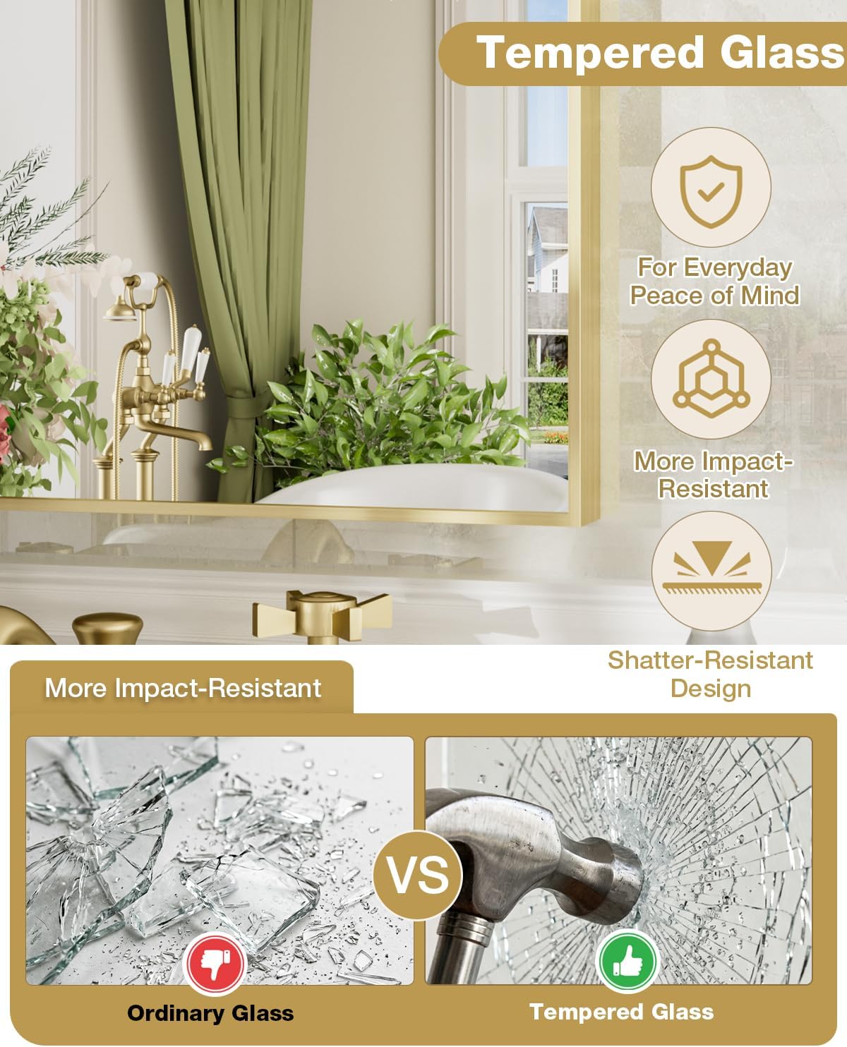 24"x36" Gold Rectangle Bathroom Mirror for Over Sink, Wall Mounted | Tempered Glass, Clear HD Reflection, Moisture-Resistant Aluminum Frame, Hangs Vertically or Horizontally for Bathroom Vanity