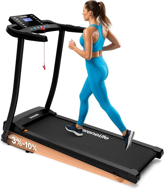 SereneLife Portable Foldable Treadmill with Incline Bluetooth Speakers and Heart Rate Sensors, 12 Preset Workout Programs, 2.0 HP Motor, Shock Absorbing Deck, 0.8-8 MPH Speed, 264 lb Capacity