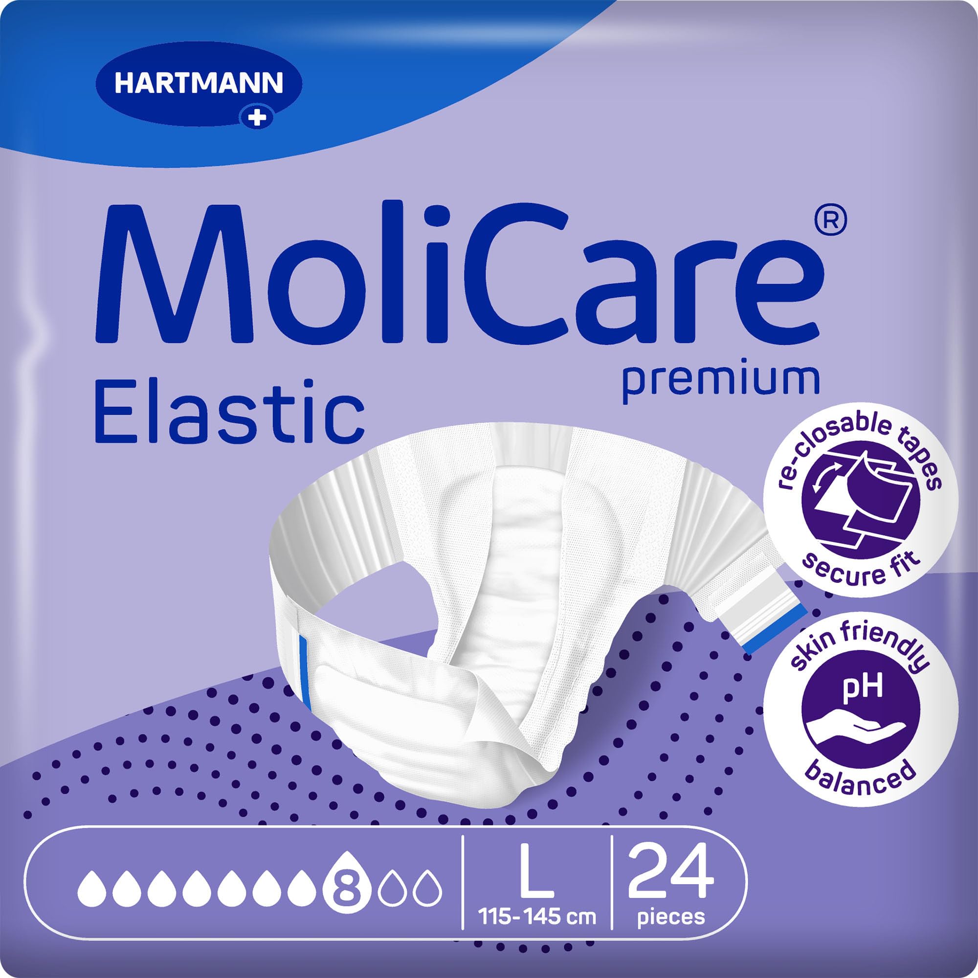 MoliCare Premium Elastic Adult Nappies – 8 Drops | High-Absorbency Disposable Diapers for Men and Women with Severe Incontinence| Size L | Pack of 24