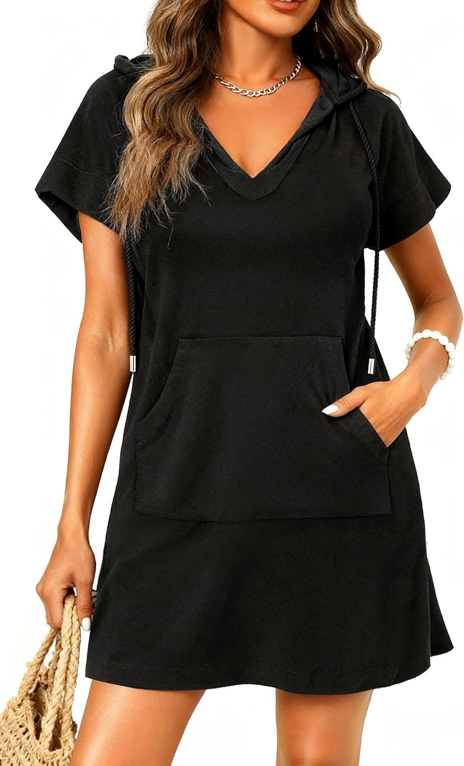 Pinup Fashion Terry Cloth Swimsuit Cover Up Women Hooded Cotton Cover with Pocket