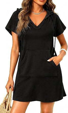 Pinup Fashion Terry Cloth Swimsuit Cover Up Women Hooded Cotton Cover with Pocket