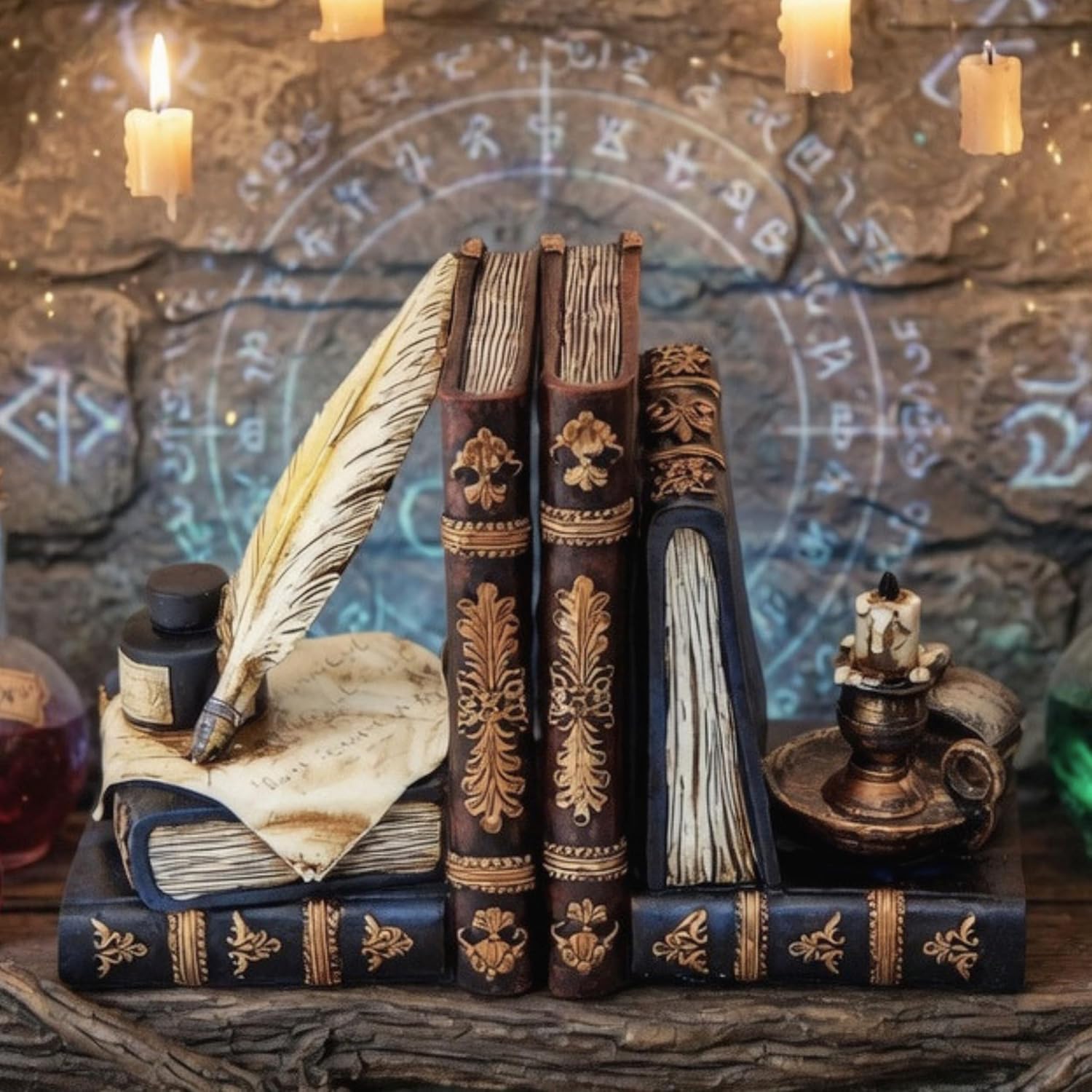 Dekorative Vintage-Buchstützen Einzigartige Zauberer-Federkiel und Tintenflasche mit Öllampe Buchhalter Antiken Stil Buchstützen für Regale Cottage Magic Wohnkultur