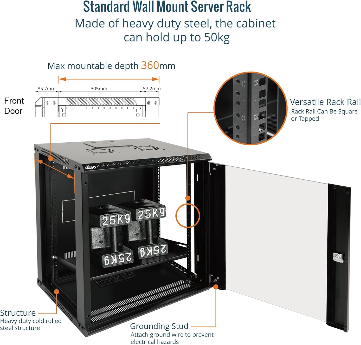 Tecmojo 12RU Wall Mount Network Cabinet, Data Server Rack Enclosure with Lockable Glass Door and Side Panels, 50 kg /110 lbs Max Loading, 450 mm Deep, for 19 inches IT Equipment, Black