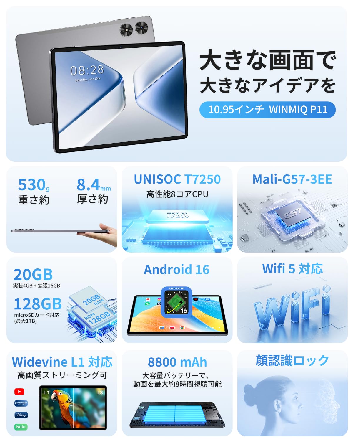 Amazon.co.jp: タブレット 11 インチ Android16 Wi-Fiモデル 20GB+