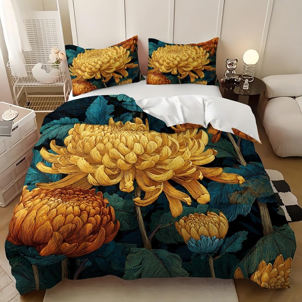 Parure de lit 200x200 jaune pour chambre ado et adulte avec couette chrysanthème peint à la main