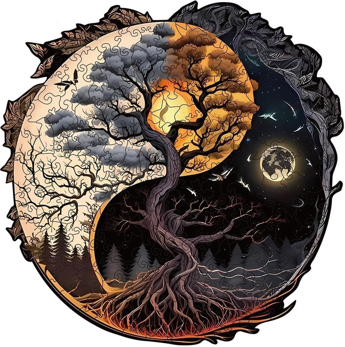 Wooden Puzzles for Adults, 200 Pieces Sun and Moon Uniquely Irregular Animal Shaped Wooden Jigsaw Puzzles, Creative Gift for Adults