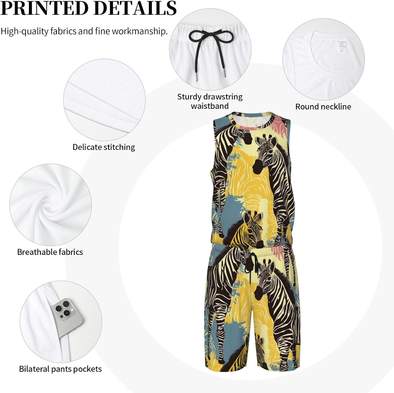Mens Basketball Jerseys Giraffe and zebra Uniform Suit Mesh Sports Jersey Outfits T-Shirt and Short Sets, Small, Black