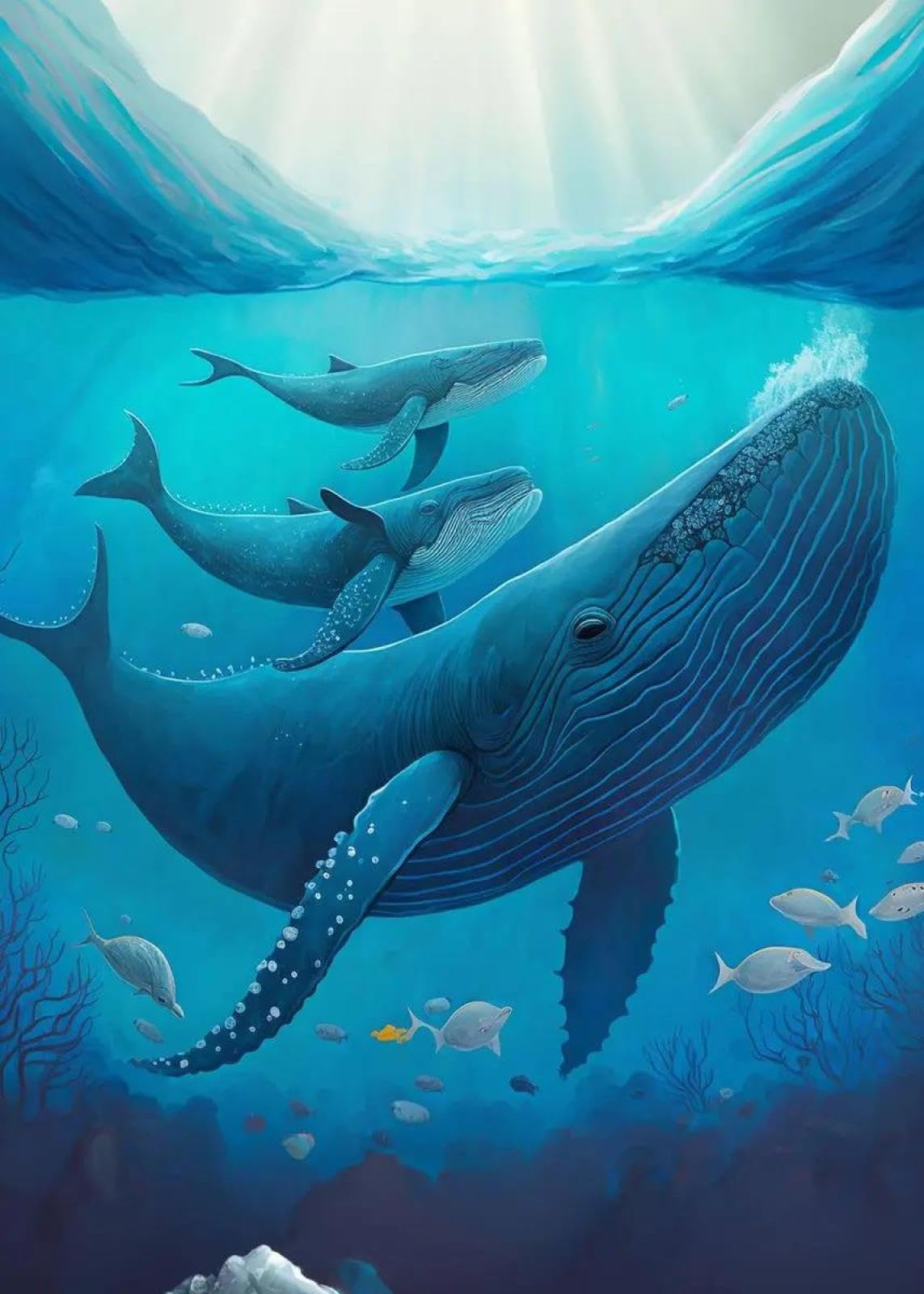 Baibexing Cartoon Humpback Whale Canvas Painting Underwater Waves Boat Blue Whale Dream Fantasy Poster Prints Living Room Home Decor A17 30X40Cm Unframed