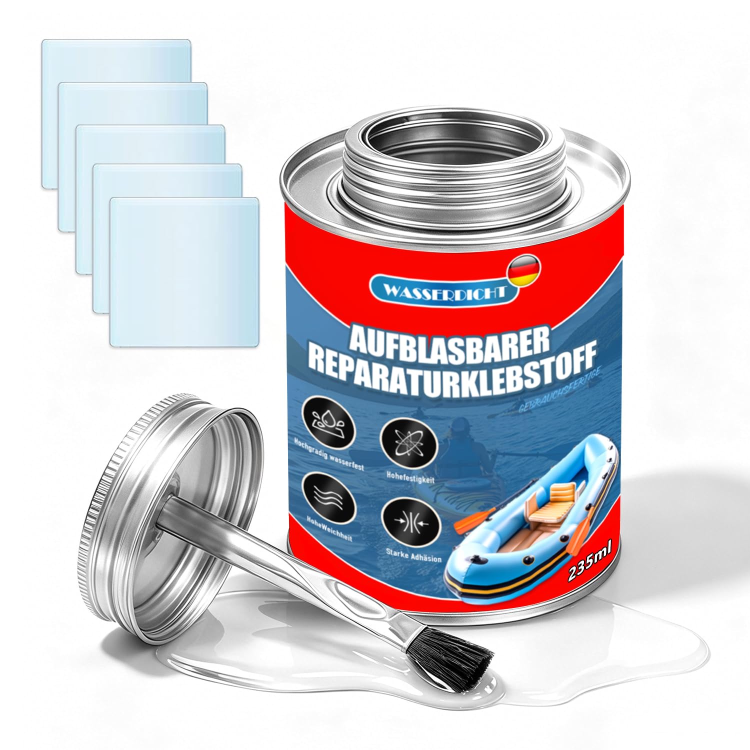 235ml Schlauchboot Reparatur Kleber Extra Stark, PVC Reparaturkleber, mit Pinsel und Anleitung, wasserdicht & transparent, für Zelte, Planen, Poolfolien, Dachbahnen & Outdoor-Ausrüstung