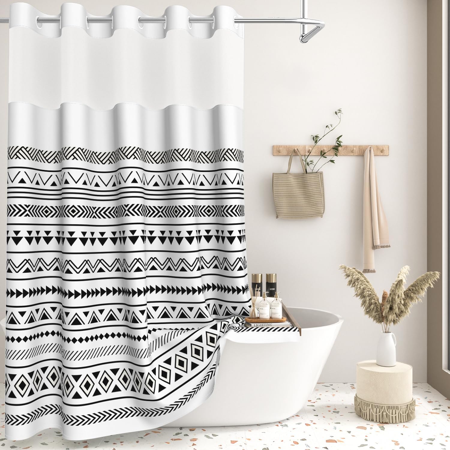 Boho Black Striped Shower Curtain with Snap in Liner, Modern Geometric Minimalist Farmhouse Bath Curtains, Hotel Style Waterproof Fabric Shower Curtain with Mesh Top Window, Weighted Hem, 71x74 Inch