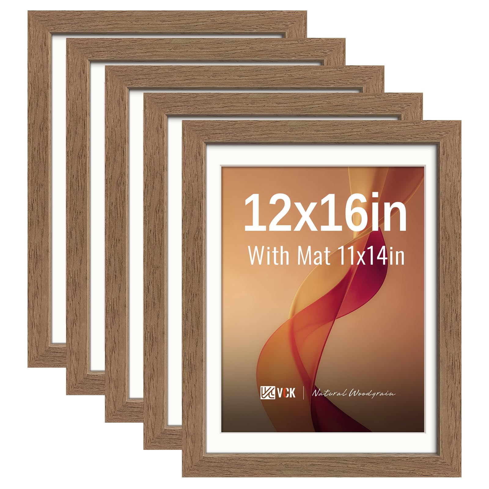 VCK 12x16 Picture Frame 5 Pack, Walnut Exclusive Wood, HD Glass, for Photo