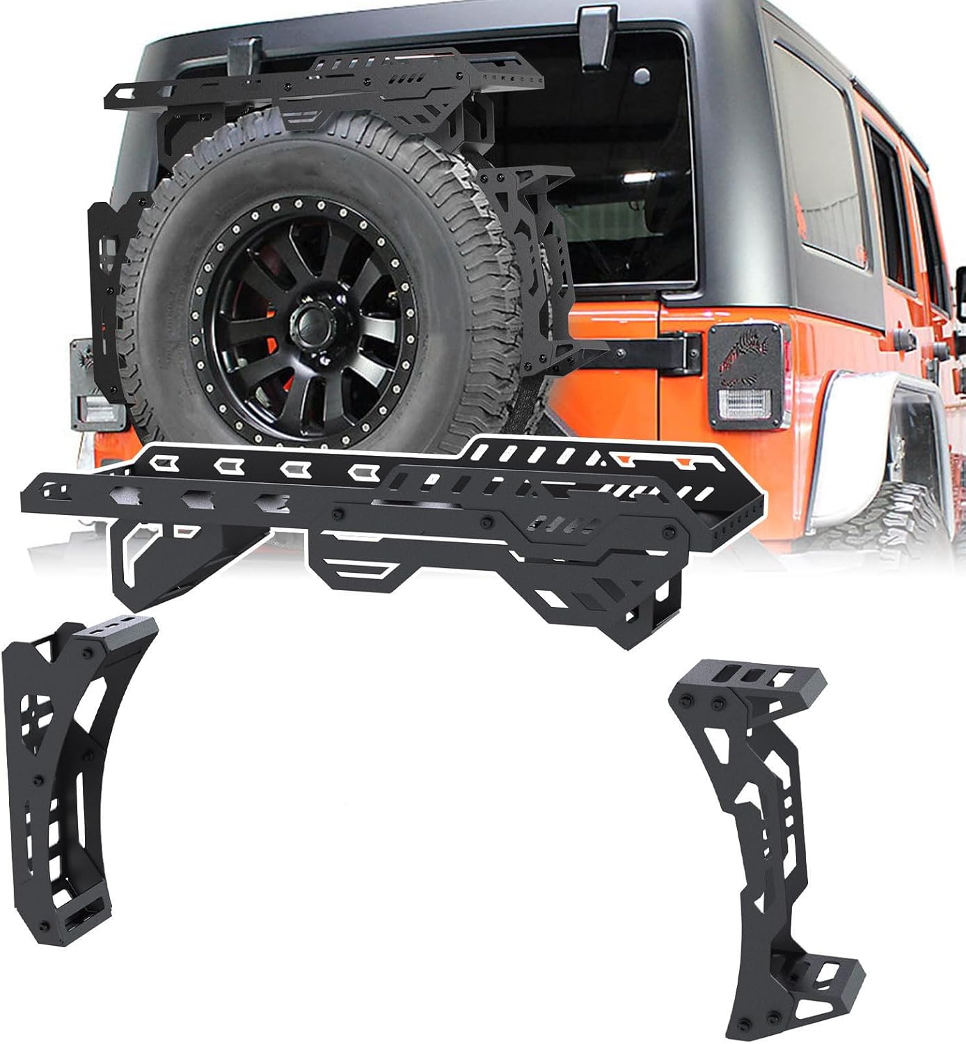 Universal Spare Tire Cargo Basket with Quick Release Spare Tire Mount Rack & Step Ladder | Fits 30"–40" Tires | 3-in-1 Off-Road Storage for SUVs & Jeeps | Compatible with Fuel Cans & Traction Boards