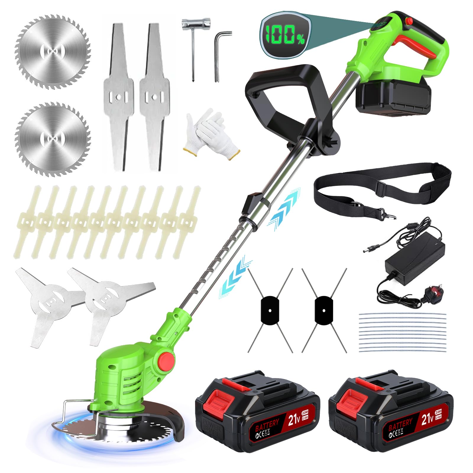 Cordless Strimmer 21V Cordless Garden Strimmer with 5 types Blades, Grass Trimmers with 2×2.0Ah Battery, 5 in 1 Electric Battery Strimmer Retractable for Lawn Garden Pruning,Green