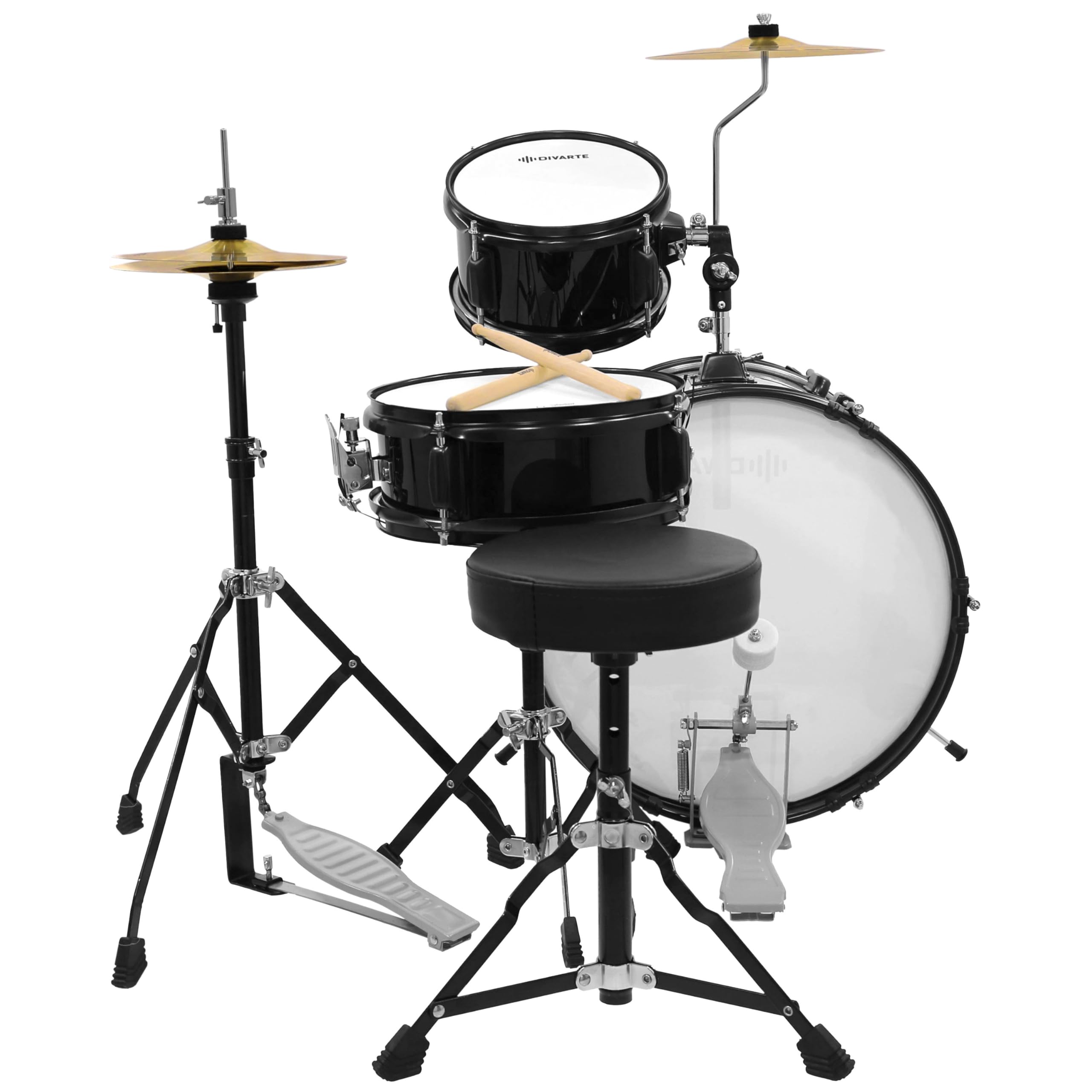 Junior DrumSet Black, kit di batteria regolabile per bambini, dai 6 anni, set di batterie acustiche per principianti con sedile regolabile, piede di charleston e bacchette inclusi.