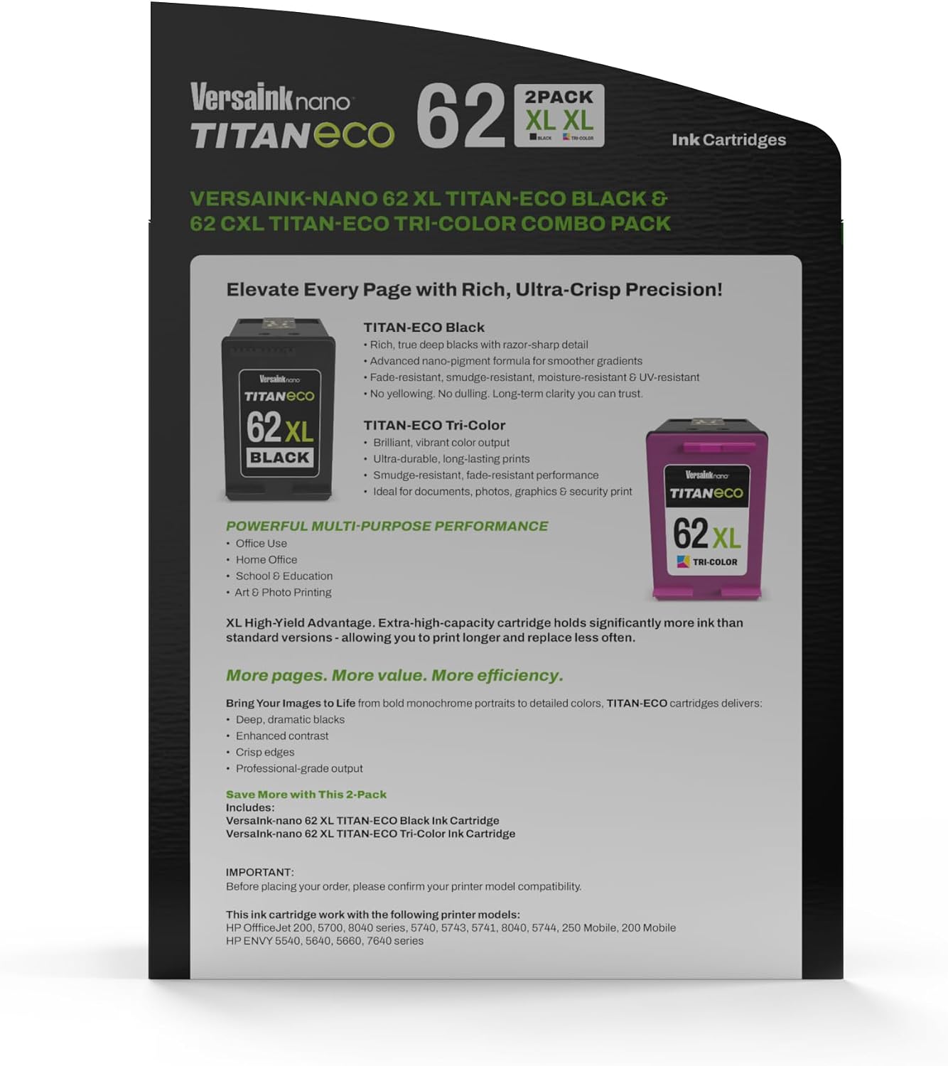 VersaInk-Nano 62 XL Titan ECO Black & Tri-Color Ink Cartridge 2-Pack Replacement of HP 62 and 62 XL, Works with HP Envy 7640, 5660, 5540, OFFICEJET 5740,5743,5741,8040,5744,250 Mobile,200 Mobile