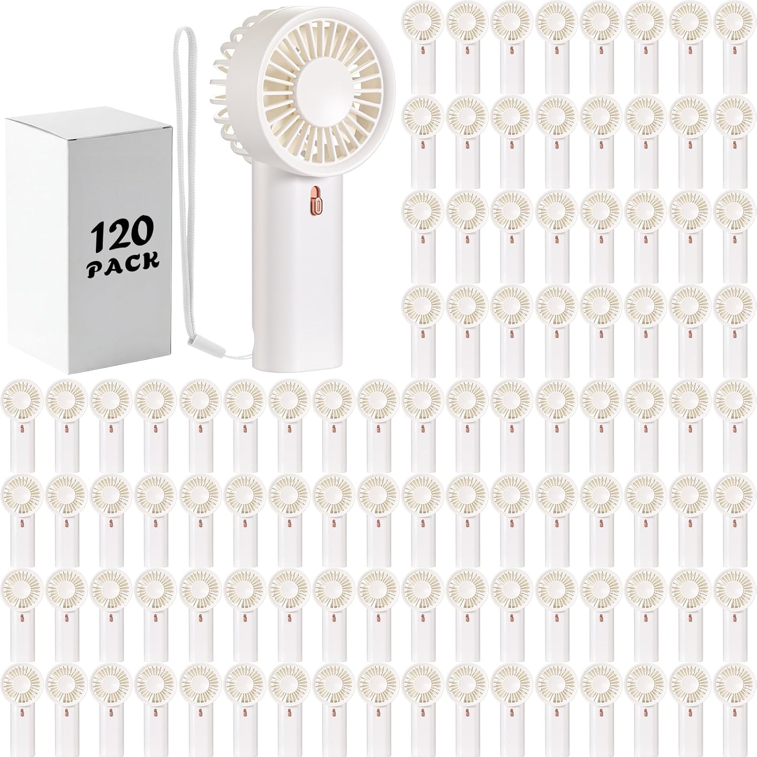 Woanger 120 Pack Mini Portable Fans Bulk Handheld Battery Operated Fan with Lanyard Personal Hand Held Cooler for Wedding Summer Travel Indoor Outdoor Office Camping Gift with Box (Aaa,White)