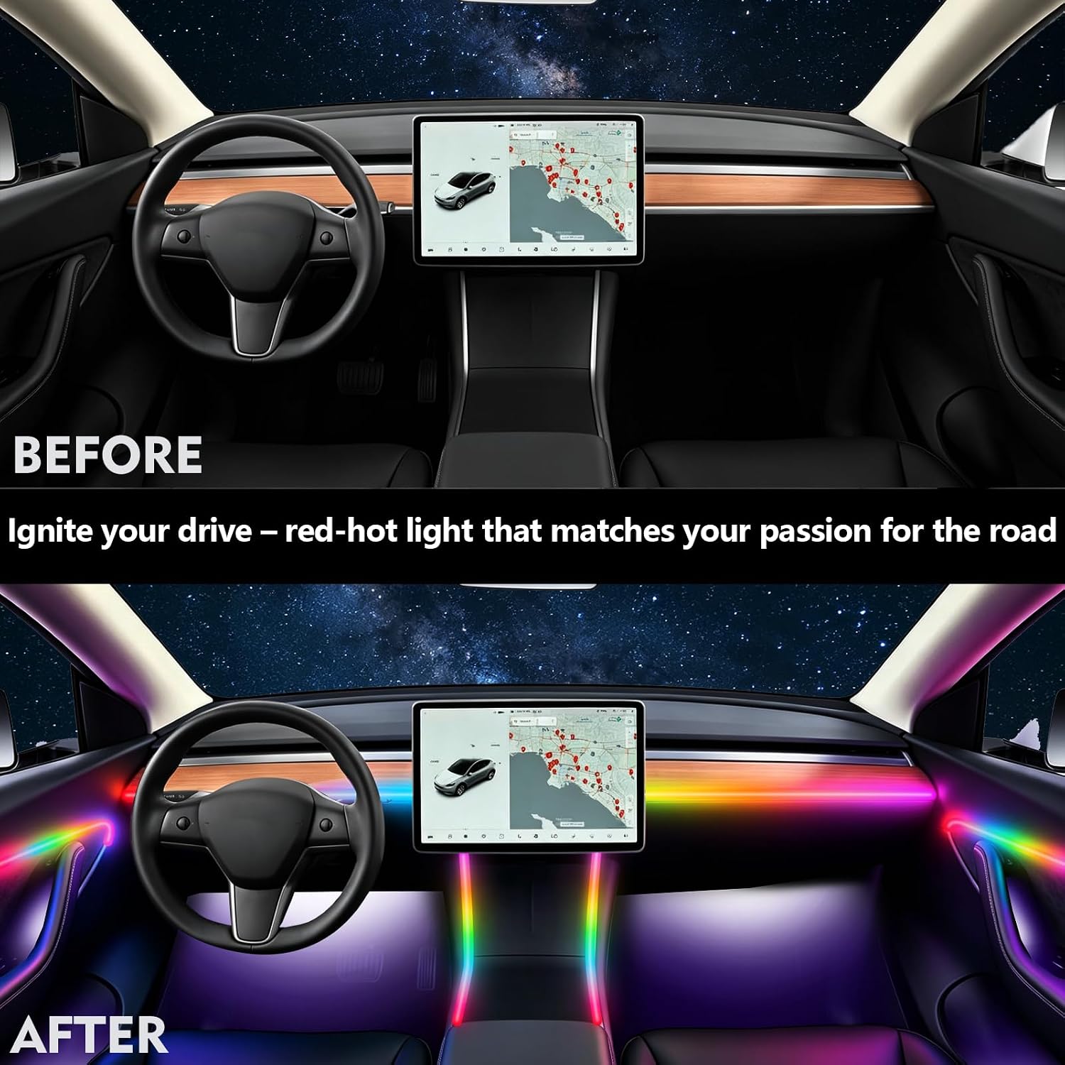Acrylic Car Interior LED Ambient Light, for Tesla Model Y SUV 2026 Model, 10-in-1 LED Strip with Wireless APP Control, Neon Fiber Optic Lighting Function LED Strip