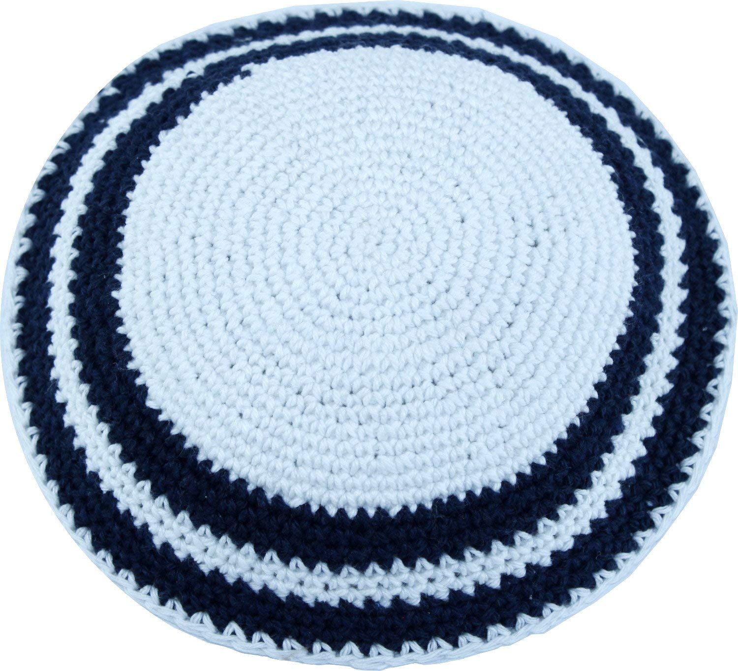 Holy Land MarketWhite/Dark Blue, 17cm DMC 100% Knitted Cotton Kippah Torah Chabad Yarmulke